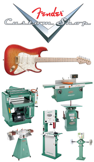 The Fender custom shop logo above a Fender Stratocaster guitar and some of the many Grizzly machines the company has purchased for their shop