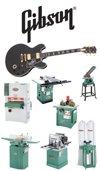 The Gibson logo, a Gibson guitar, and some Grizzly machines the company bought for their shop