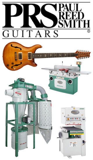 The PRS guitars logo along with a PRS guitar and some of the Grizzly machines they use in their shop