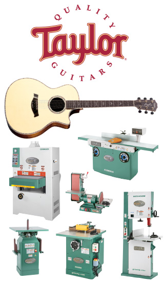 The Taylor guitars logo along with a Taylor acoustic guitar and some of the Grizzly machines they have used in their shop